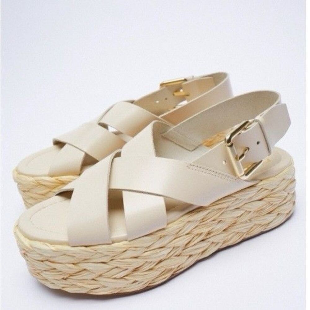 (S2)ZARA NEW CREAM Leather WOVEN BRAIDED STRAW PLATFORM SANDALS FESTIVAL Sz 39/8